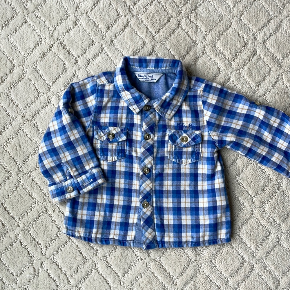 Mayoral newborn blue plaid button down shirt 2-4 months